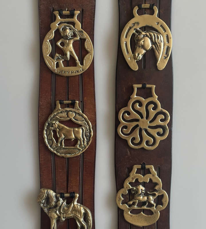 Vintage Genuine Leather South African Police Horse Straps with 10 Brass Medallions  70 cm