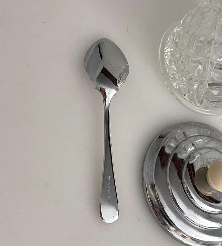 Vintage 1960s Pressed Glass Jam Jar / Sugar Bowl  Chrome Lid & Spoon  Star Base  9cm Tall