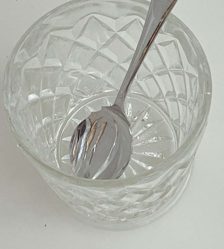 Vintage 1960s Pressed Glass Jam Jar / Sugar Bowl  Chrome Lid & Spoon  Star Base  9cm Tall