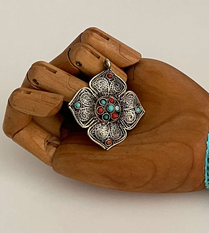Antique Tibetan Silver Coral and Turquoise Pendant (Circa 1920s)