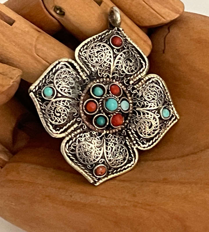 Antique Tibetan Silver Coral and Turquoise Pendant (Circa 1920s)