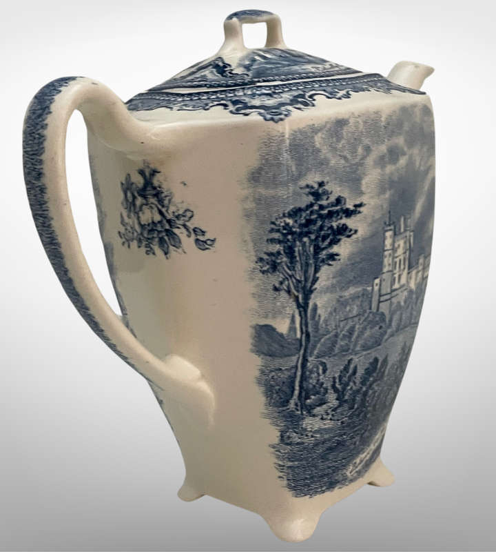 Rare Find Johnson Bros Old Britain Castles Teapot | Kidwelly & Bolsover Scenes | c.1930 | Blue & W
