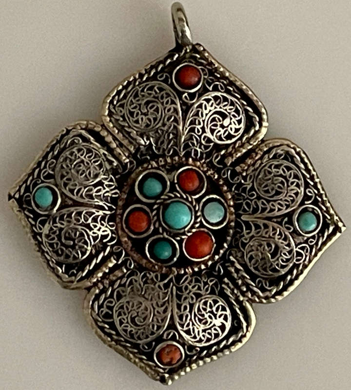 Antique Tibetan Silver Coral and Turquoise Pendant (Circa 1920s)