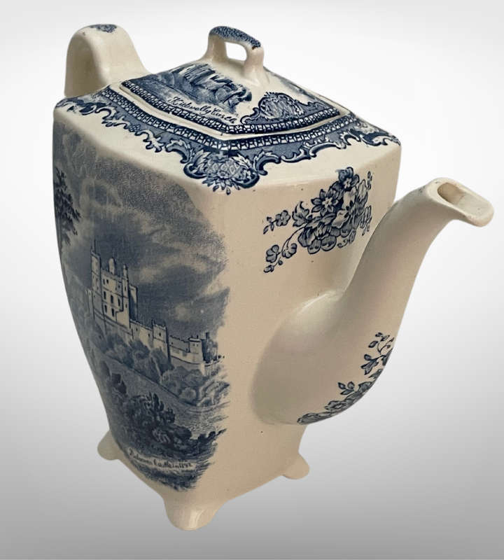 Rare Find Johnson Bros Old Britain Castles Teapot | Kidwelly & Bolsover Scenes | c.1930 | Blue & W
