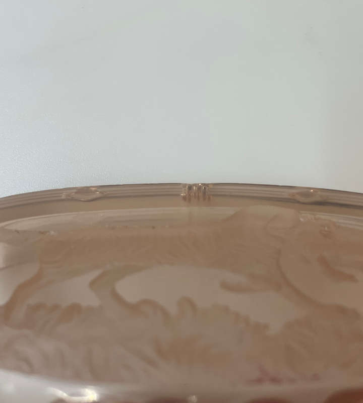 1930s Czech Art Deco Pink Intaglio Glass Ashtray  Hunting Dog Design