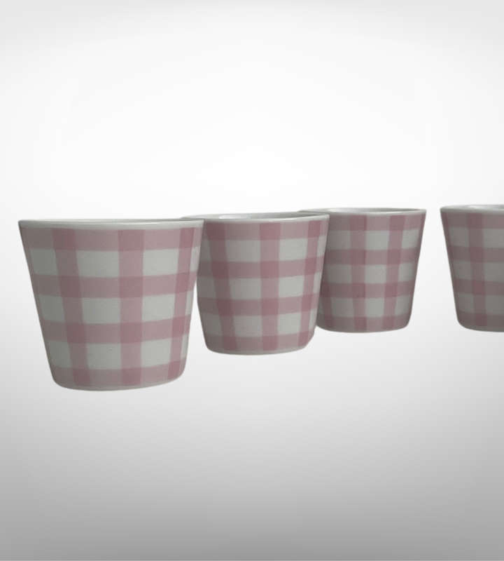 Set of 6 Pink Plaid Ceramic Small Espresso Cups  Cottagecore Charm