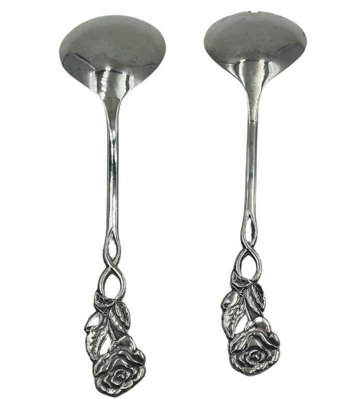 Vintage Salad Serving Spoon Set with Blue and White Cloisonné Enamel Rose Design