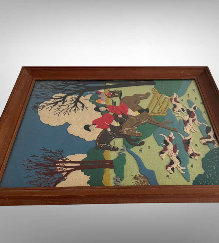 1930s Framed Felt Appliqué Artwork  "The Hunt"  Equestrian & Hound Scene  Wool Felt  54cm x 47cm