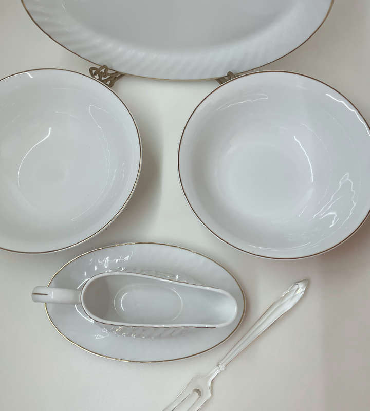 Rare 1960s Italian White & Gold Porcelain Serving Set by Bellini  Set of 5 + Crystal Fork