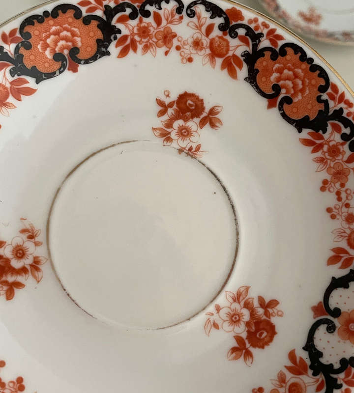 Antique PSAG Schönwald Black & Orange Porcelain Cup & Saucer Set, 1911-1927, Gold Trim- German