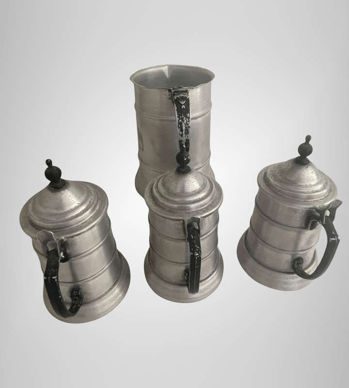 4-Piece Vintage 1970s German Style Beer Stein Set  3x Lidded Aluminum Steins + 1x Jug