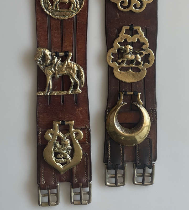 Vintage Genuine Leather South African Police Horse Straps with 10 Brass Medallions  70 cm