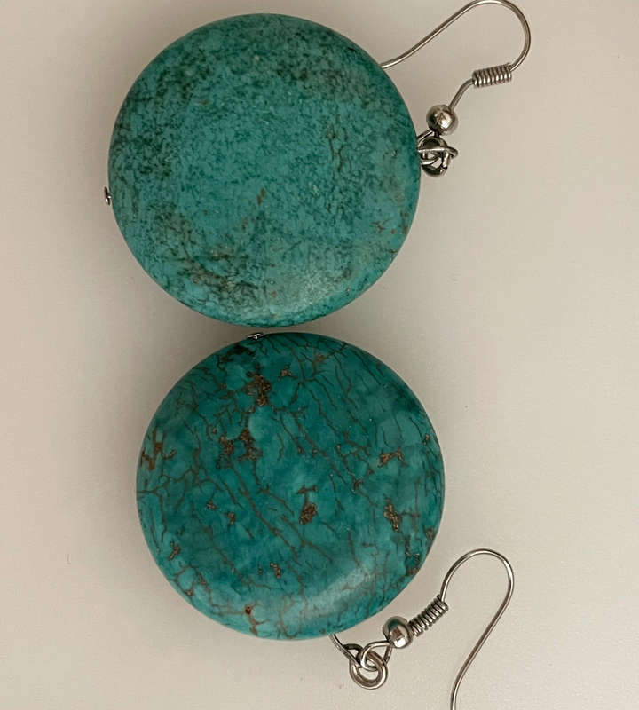 Chunky Turquoise Stone Flat Round Bead Necklace & Post Earrings Set  32mm Stones  Heavy Statement