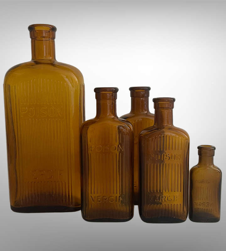 Vintage Amber Glass POISON | VERGIF Bottles  Set of 5  Bargain Clearance!