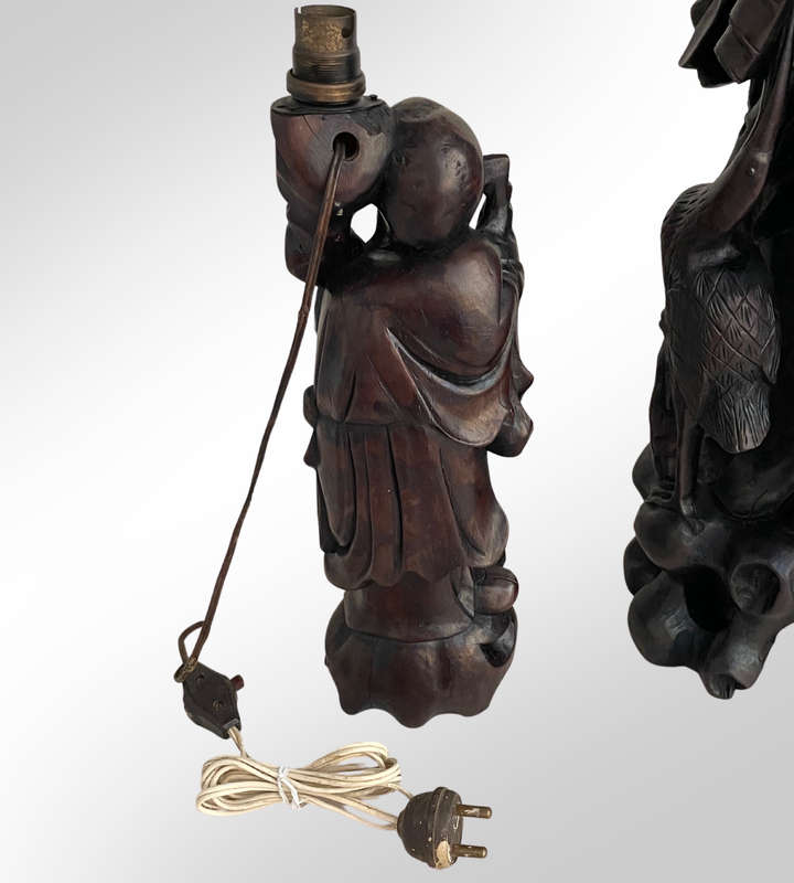 Antique Japan Meiji Period Ironwood Okimono Lamps (Set of 2)  Hand-Carved Shou Lao Statues, Large &