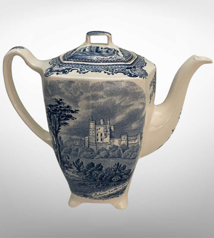 Rare Find Johnson Bros Old Britain Castles Teapot | Kidwelly & Bolsover Scenes | c.1930 | Blue & W