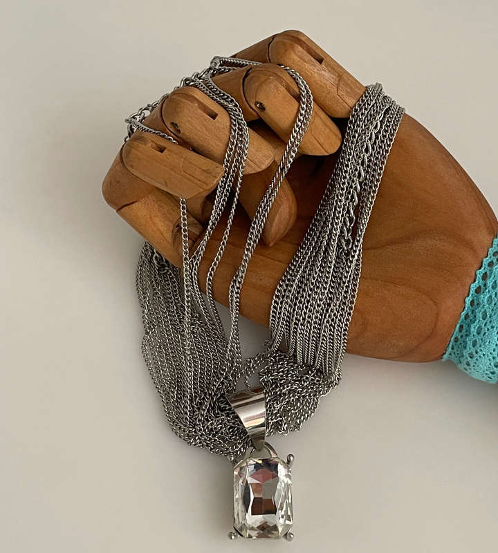 Stainless Steel Multi-Layer Chain Necklace with Faceted Glass Pendant, Adjustable