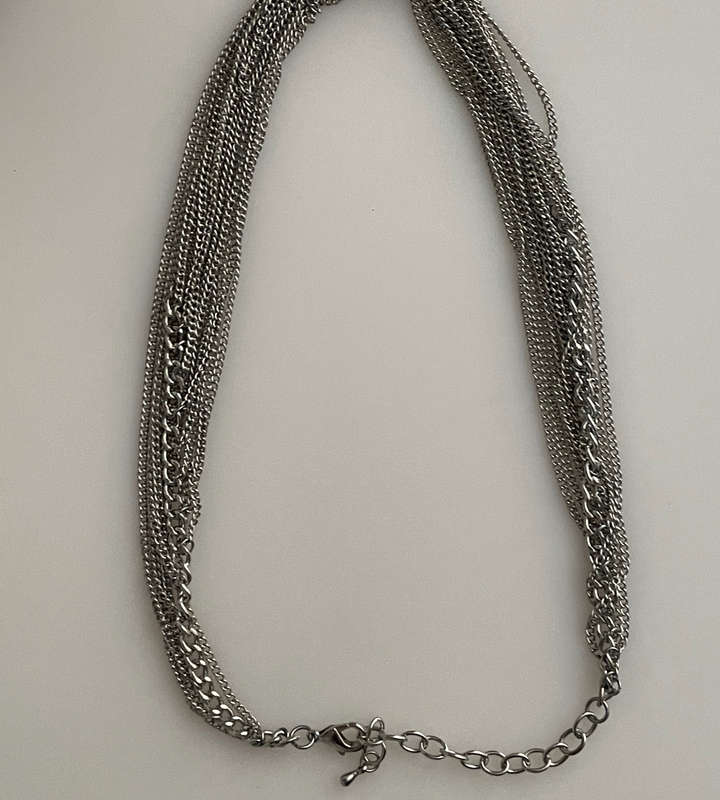 Stainless Steel Multi-Layer Chain Necklace with Faceted Glass Pendant, Adjustable