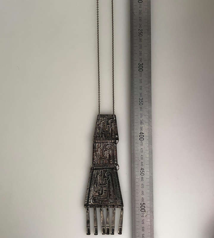 Vintage Brutalist Tribal Pendant Necklace  Long Abstract Metal Design (37cm Drop, 54cm Total Length