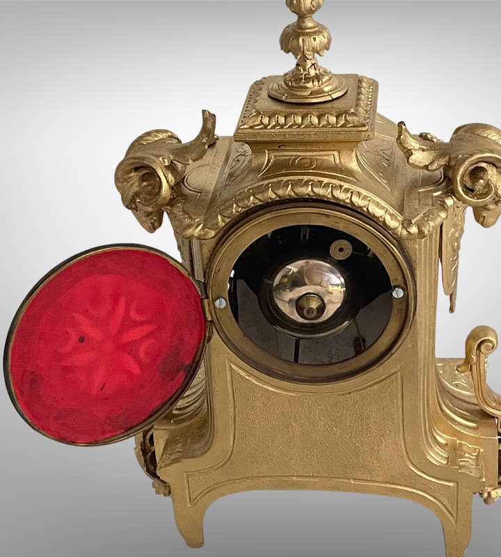 Heavy Antique French Gilt Mantel Clock with Porcelain Panels  Marked Henry Marc, Paris