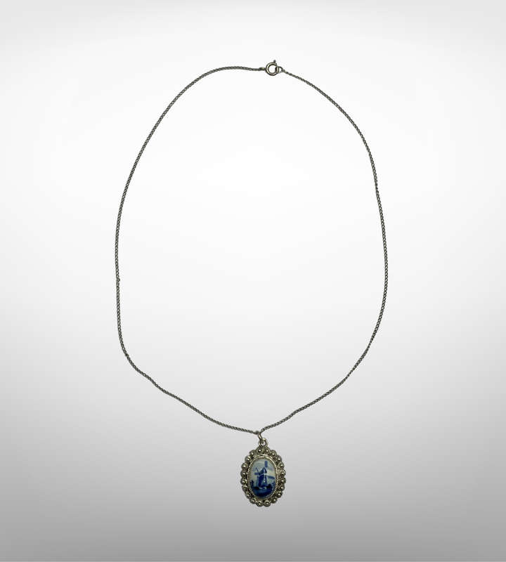 Small 925 Sterling Silver Choker Necklace with Holland Delft Style Ceramic Pendant  Dainty 39cm