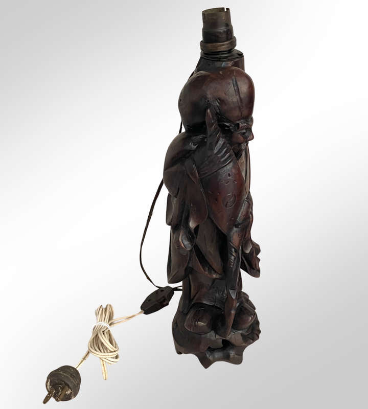 Antique Japan Meiji Period Ironwood Okimono Lamps (Set of 2)  Hand-Carved Shou Lao Statues, Large &