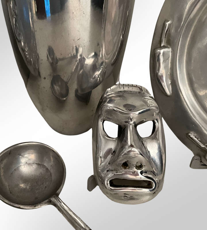Lot of 5 Pewter Décor Items - Sea Shell Dish, Chilly Dish, Salad Servers, Mask, & Vase