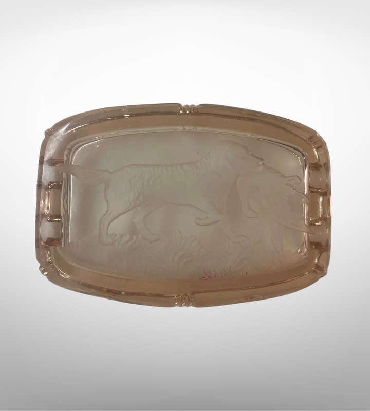 1930s Czech Art Deco Pink Intaglio Glass Ashtray  Hunting Dog Design