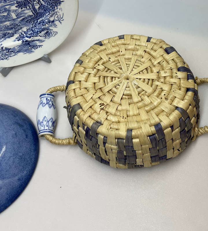 Heavy Scandinavian Blue Pottery Bowl & Vintage Handwoven Straw Basket with Ceramic Handles
