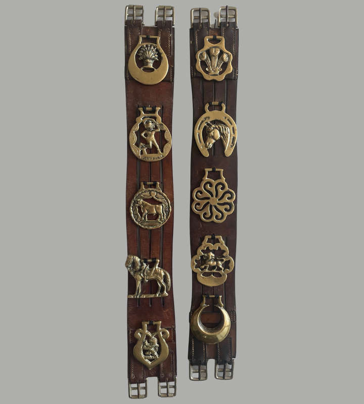 Vintage Genuine Leather South African Police Horse Straps with 10 Brass Medallions  70 cm