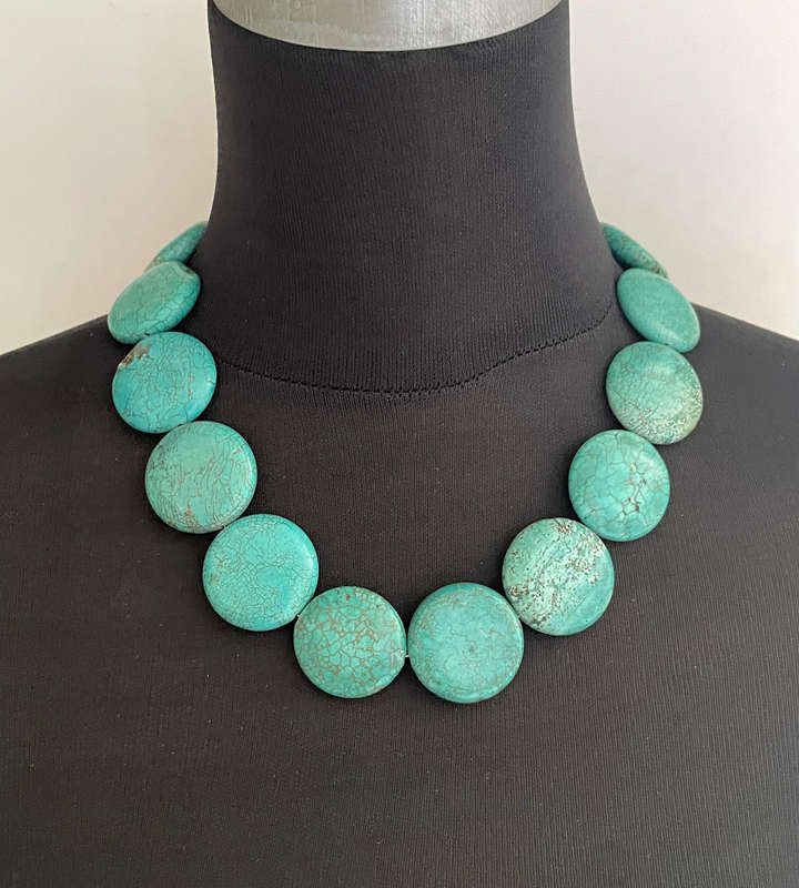 Chunky Turquoise Stone Flat Round Bead Necklace & Post Earrings Set  32mm Stones  Heavy Statement