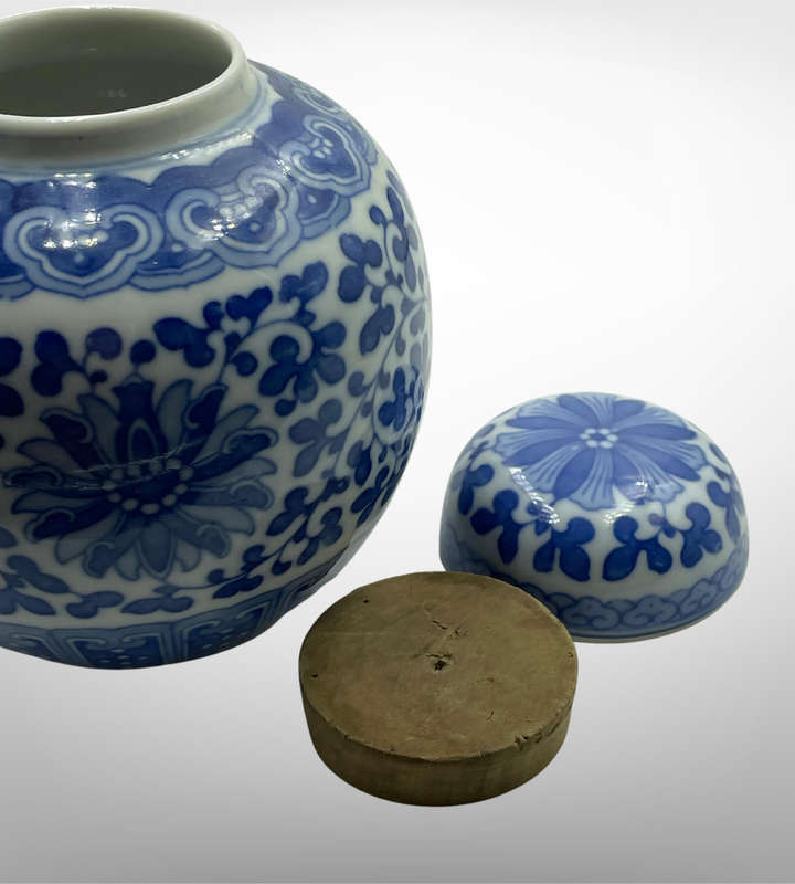 Antique Chinese Blue & White Ginger Jar  Hand-Painted Bao Xiang Hua Lotus Peony Scroll  12cm