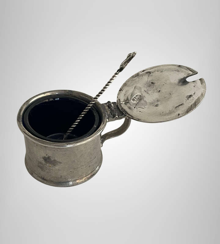 Vintage Craftsman Pewter Mustard Pot with Blue Glass Liner & Spoon  Viner's Ltd Sheffield England