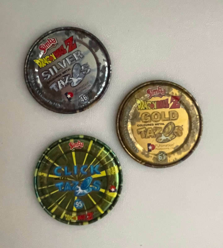 Lot of 48 Vintage Metal Dragon Ball Z Tazos - Silver, Gold & Click Tazos - Some Duplicates