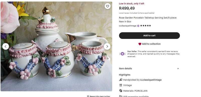 Vintage 1996 Rose Garden 3D Floral Porcelain Tabletop Set  6-Piece  Ribbons, Roses & Gold Trim