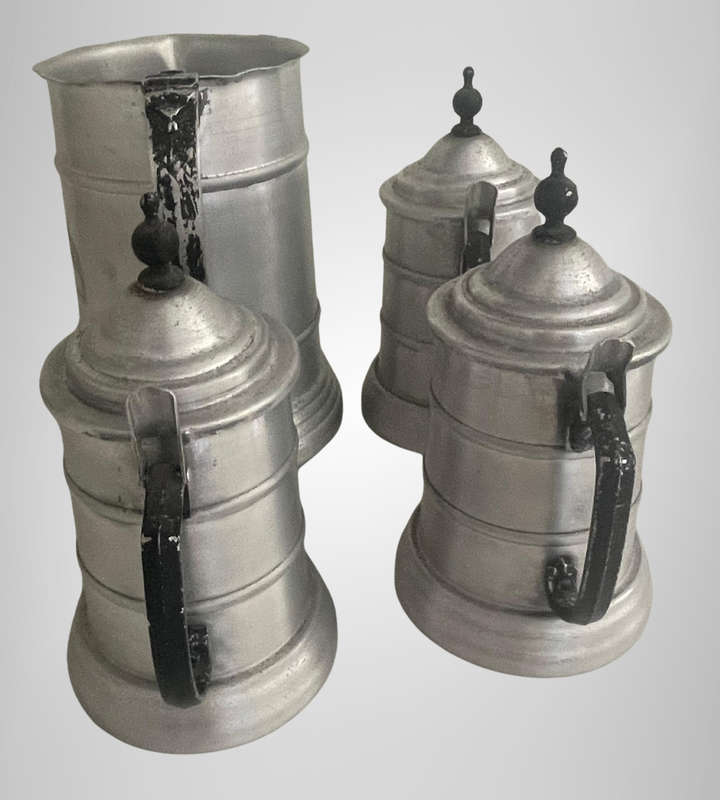 4-Piece Vintage 1970s German Style Beer Stein Set  3x Lidded Aluminum Steins + 1x Jug