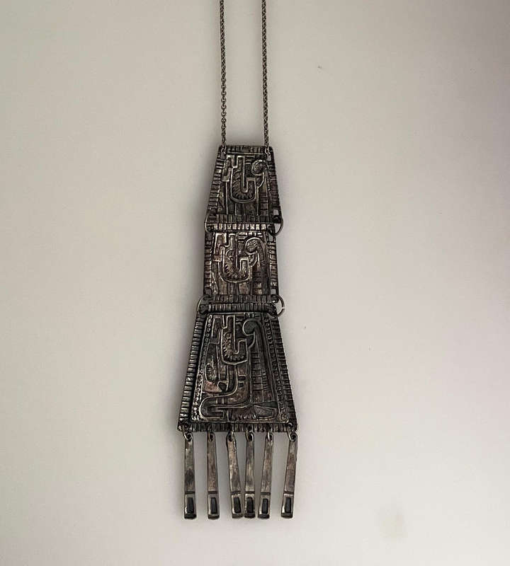 Vintage Brutalist Tribal Pendant Necklace  Long Abstract Metal Design (37cm Drop, 54cm Total Length