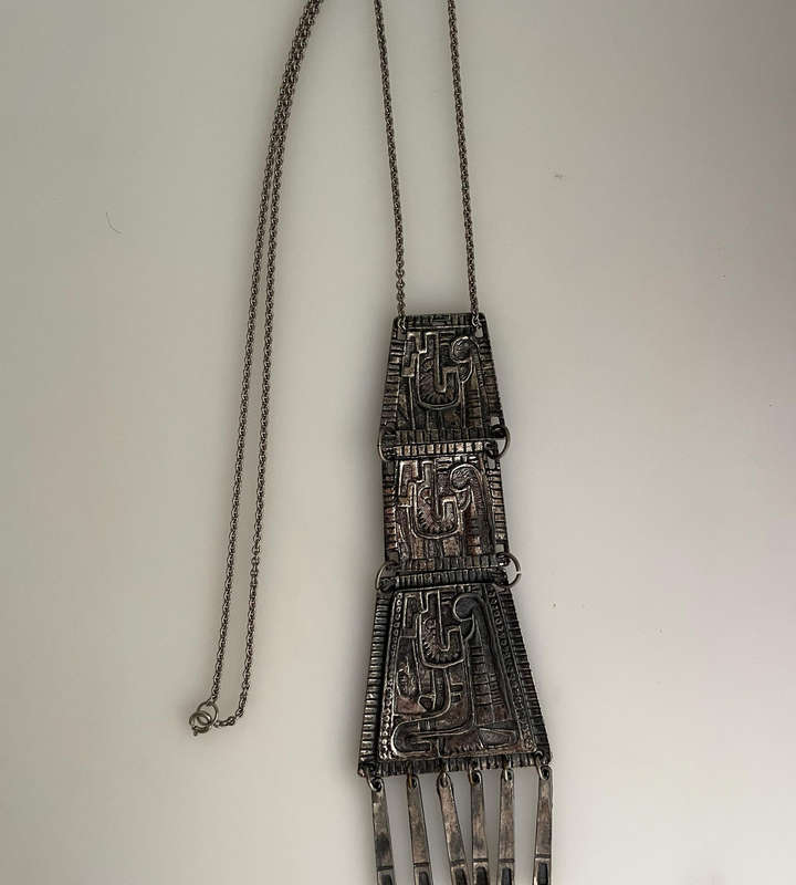 Vintage Brutalist Tribal Pendant Necklace  Long Abstract Metal Design (37cm Drop, 54cm Total Length