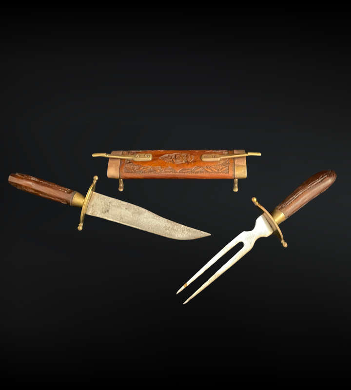Vintage Indian Large Cased Sheathed Carving Eating Knife & Fork Cutlery Flatware Case