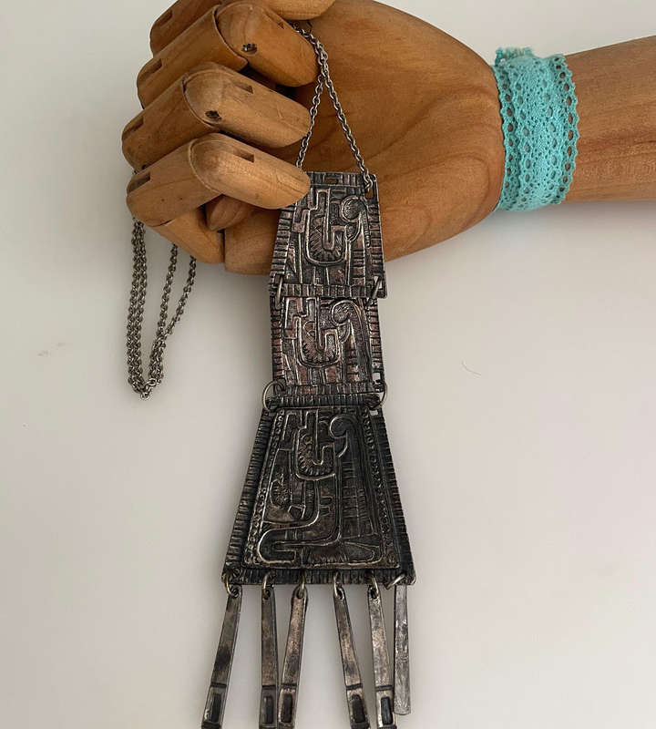 Vintage Brutalist Tribal Pendant Necklace  Long Abstract Metal Design (37cm Drop, 54cm Total Length