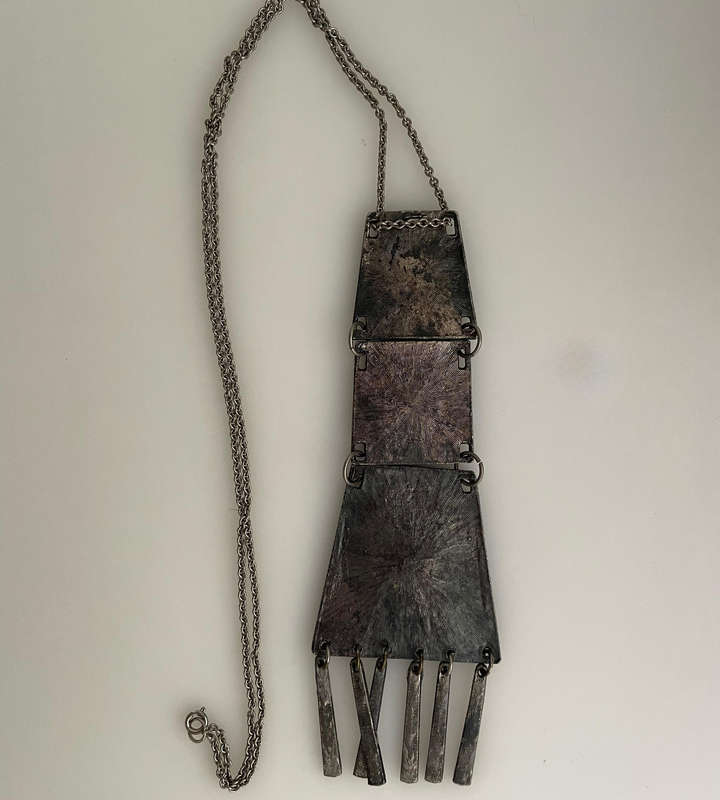 Vintage Brutalist Tribal Pendant Necklace  Long Abstract Metal Design (37cm Drop, 54cm Total Length