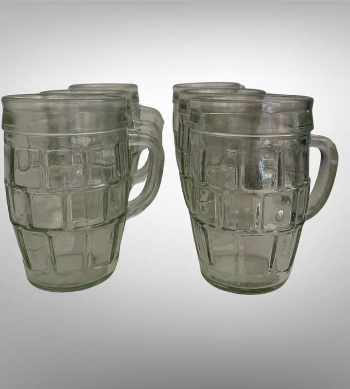 6-Piece Vintage Traditional Glass Barrel Mugs | Small Beer Mug Size | Nostalgic South African Mustar