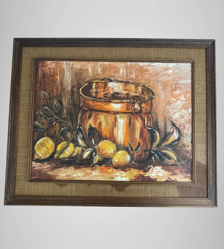Rustic Farmhouse Oil Painting  Still Life Copper Pot & Lemons  Unattributed  79x64cm