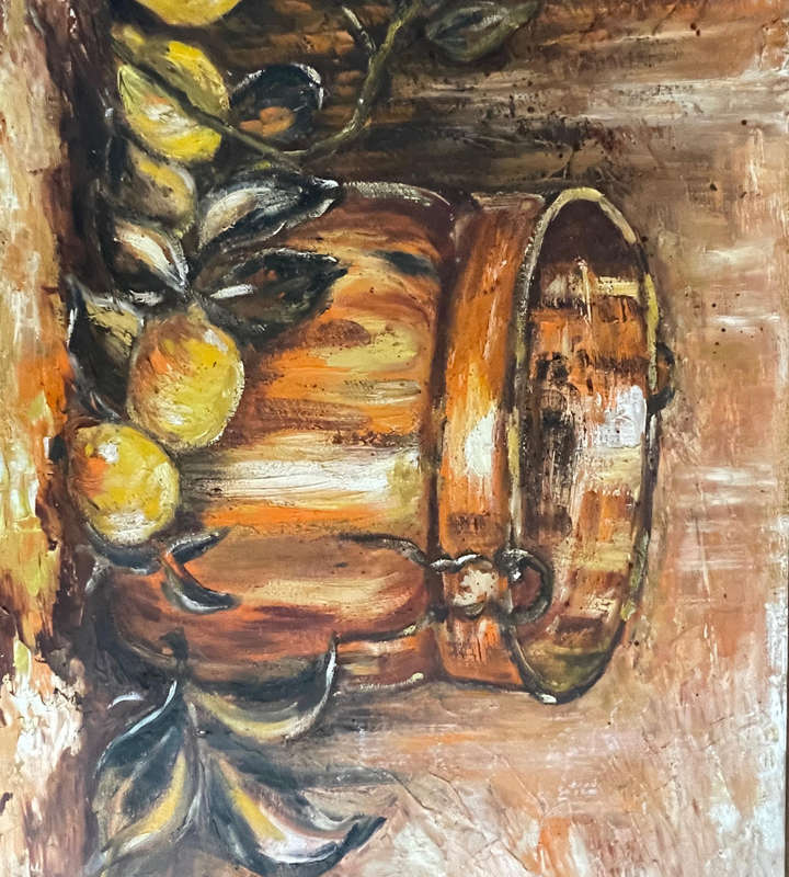 Rustic Farmhouse Oil Painting  Still Life Copper Pot & Lemons  Unattributed  79x64cm