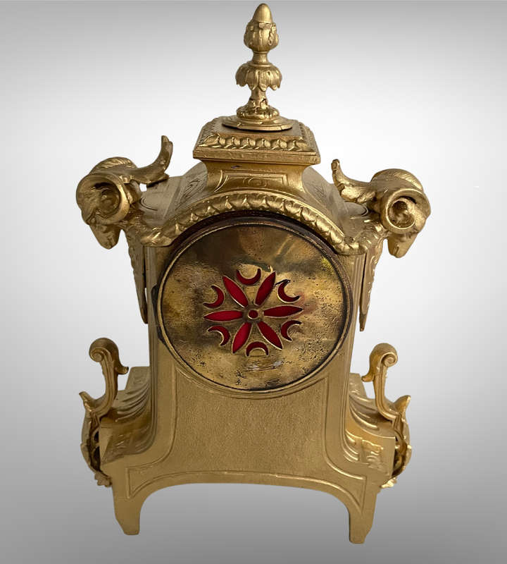 Heavy Antique French Gilt Mantel Clock with Porcelain Panels  Marked Henry Marc, Paris