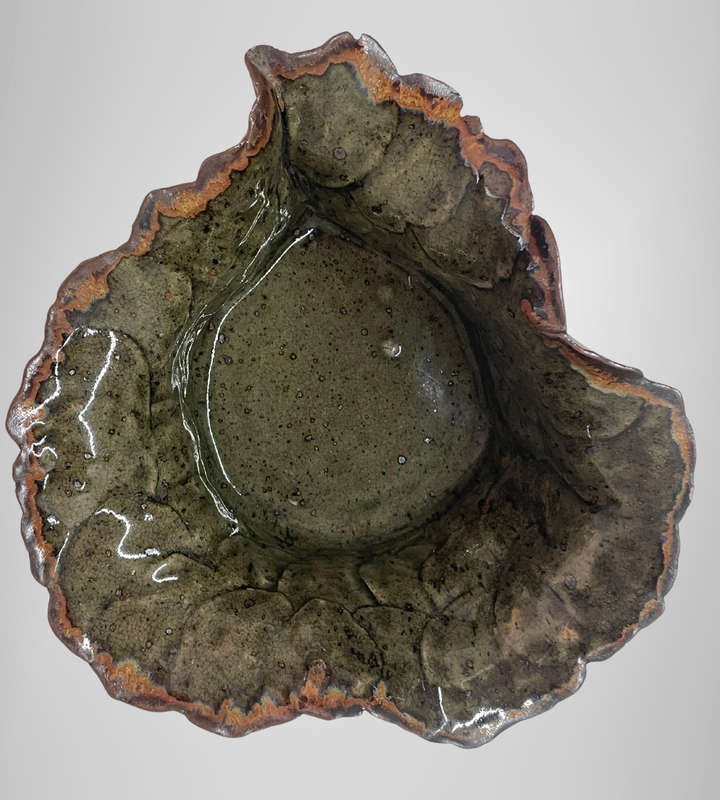 Studio Pottery Bowl Signed Charm 85  Organic Ruffled Edge  Glazed Earth Tones - Chipped