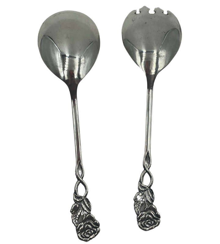 Vintage Salad Serving Spoon Set with Blue and White Cloisonné Enamel Rose Design