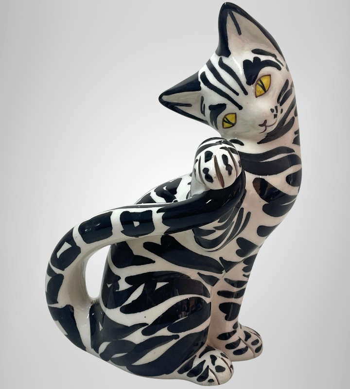 Vintage Italian Pottery Black & White Tabby Cat Figurine  Hand Painted  20.5cm  Marked Italy 5/53