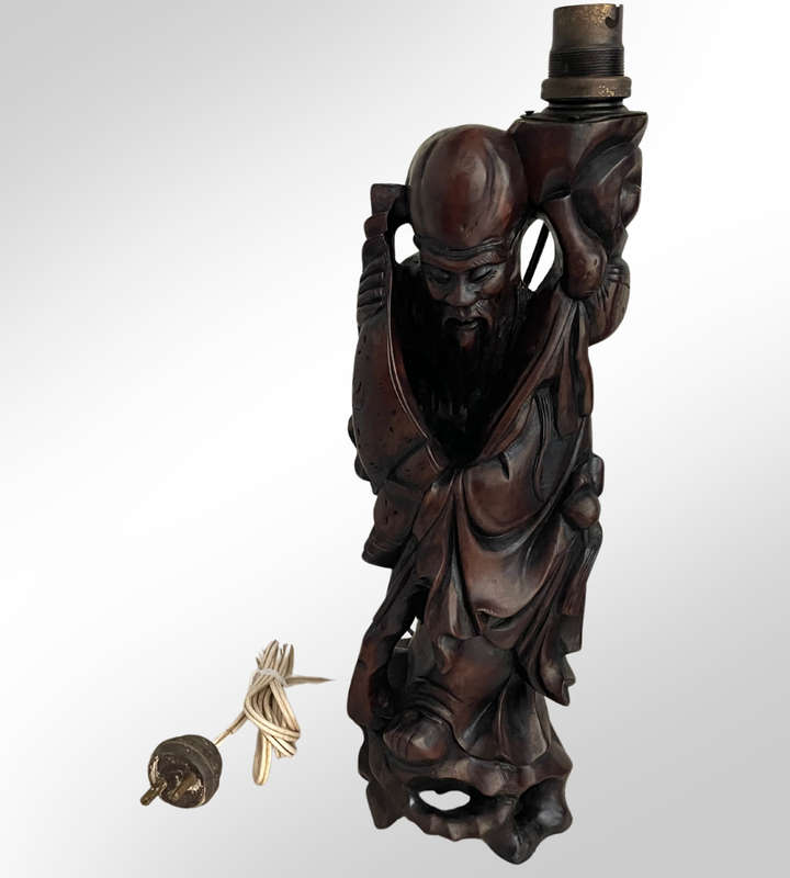 Antique Japan Meiji Period Ironwood Okimono Lamps (Set of 2)  Hand-Carved Shou Lao Statues, Large &
