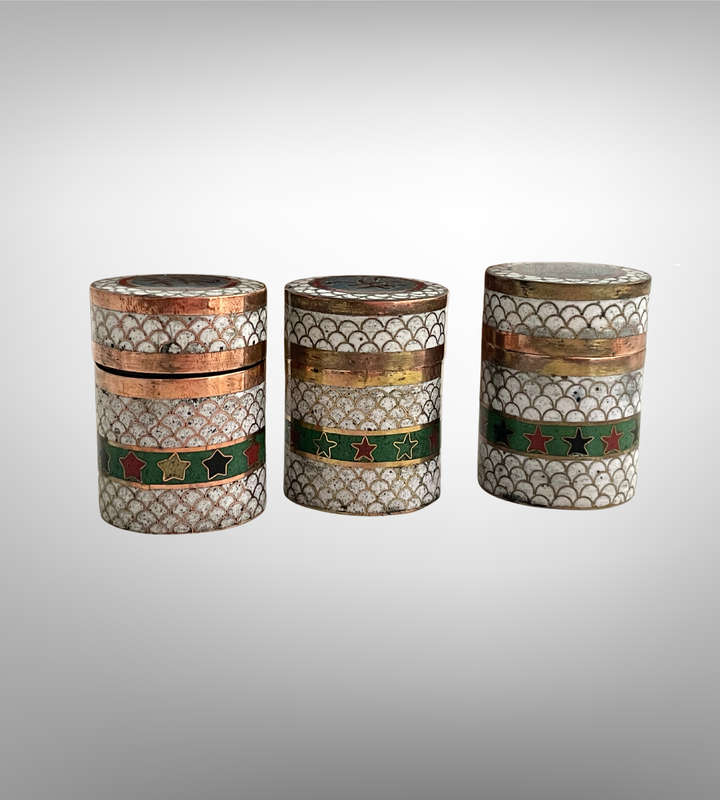 Super Rare Catholic Holy Oil Stock Set with Cloisonné Holders  Museum Display Match